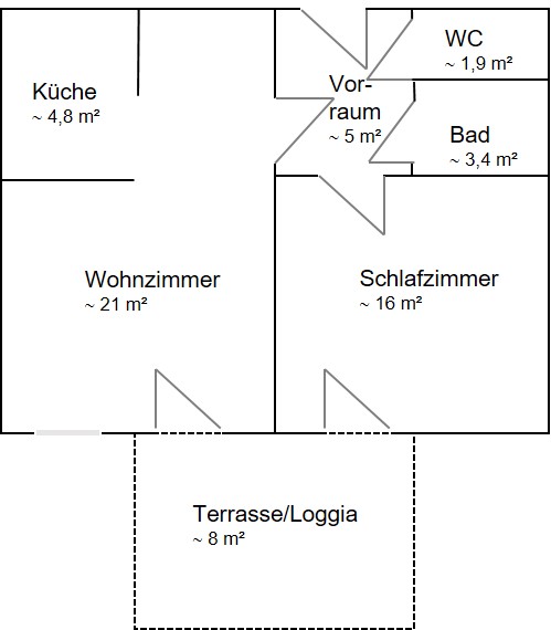 Grundriss Apartment "Morgensonne" mit Loggia oder Terrasse (Schemenhafte Darstellung)