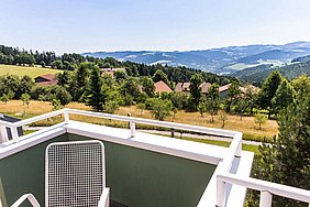 Blick von einer Terrasse der Waldpension in die umliegende Landschaft mit Bergen.