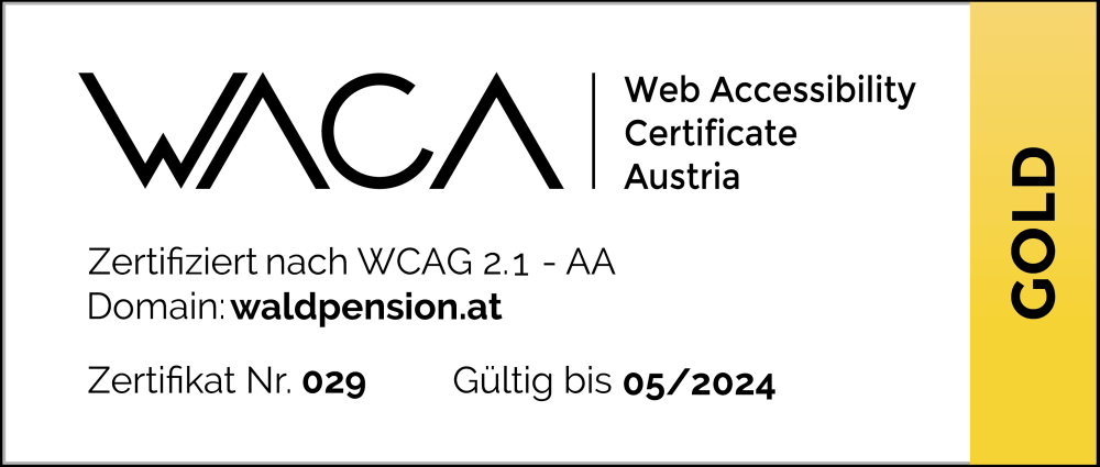Ein Zertifikat aus einem großen weißen und einem kleinen goldenen Teil. Die wichtigsten Infos: Zertifiziert nach WCAG 2.1 - AA, Zertifikat 29, gültig bis 05/2024.